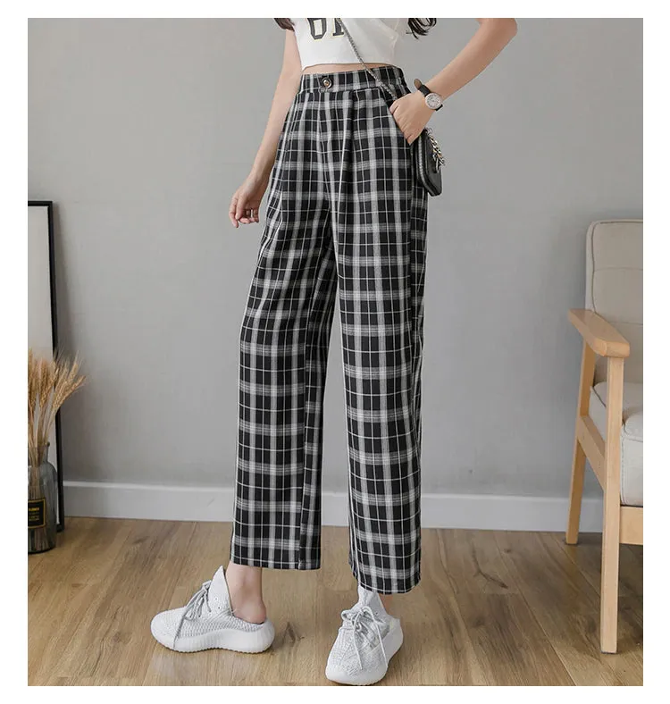 High Waist Wide Leg Vintage Plaid Long Pants