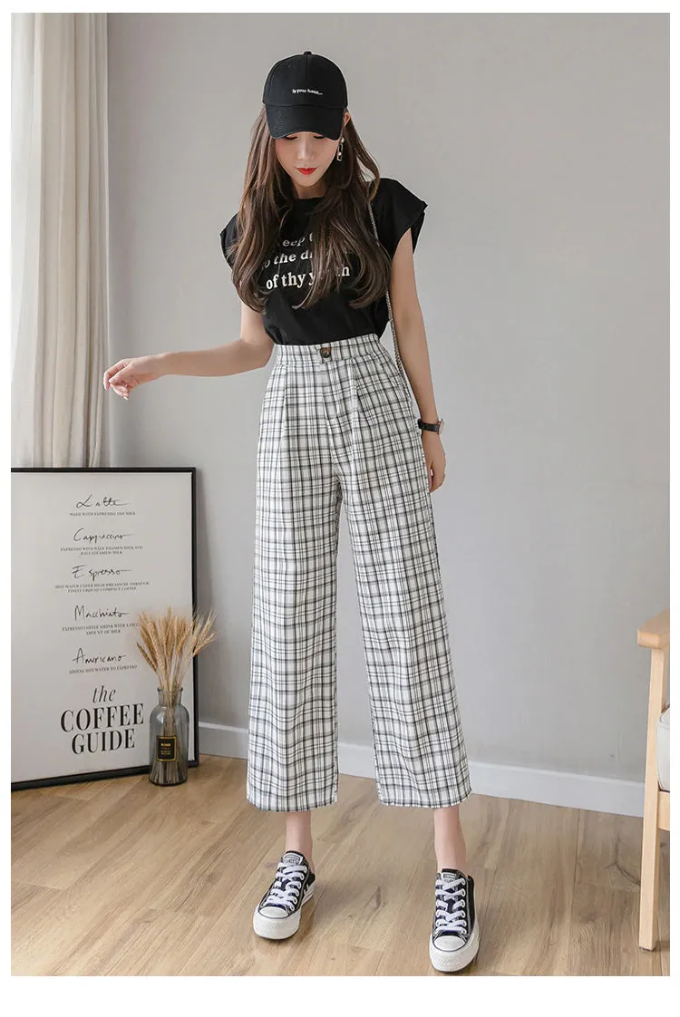High Waist Wide Leg Vintage Plaid Long Pants