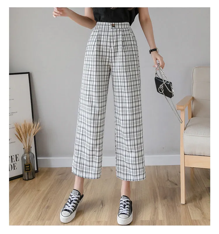 High Waist Wide Leg Vintage Plaid Long Pants