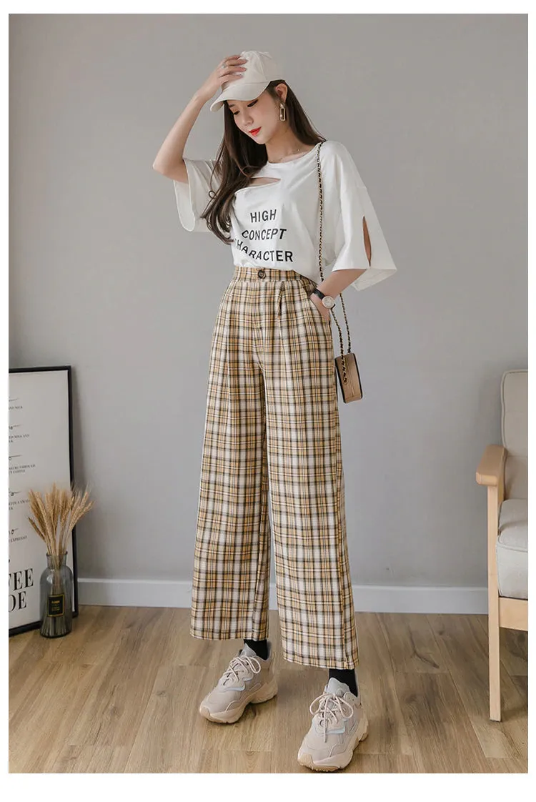 High Waist Wide Leg Vintage Plaid Long Pants