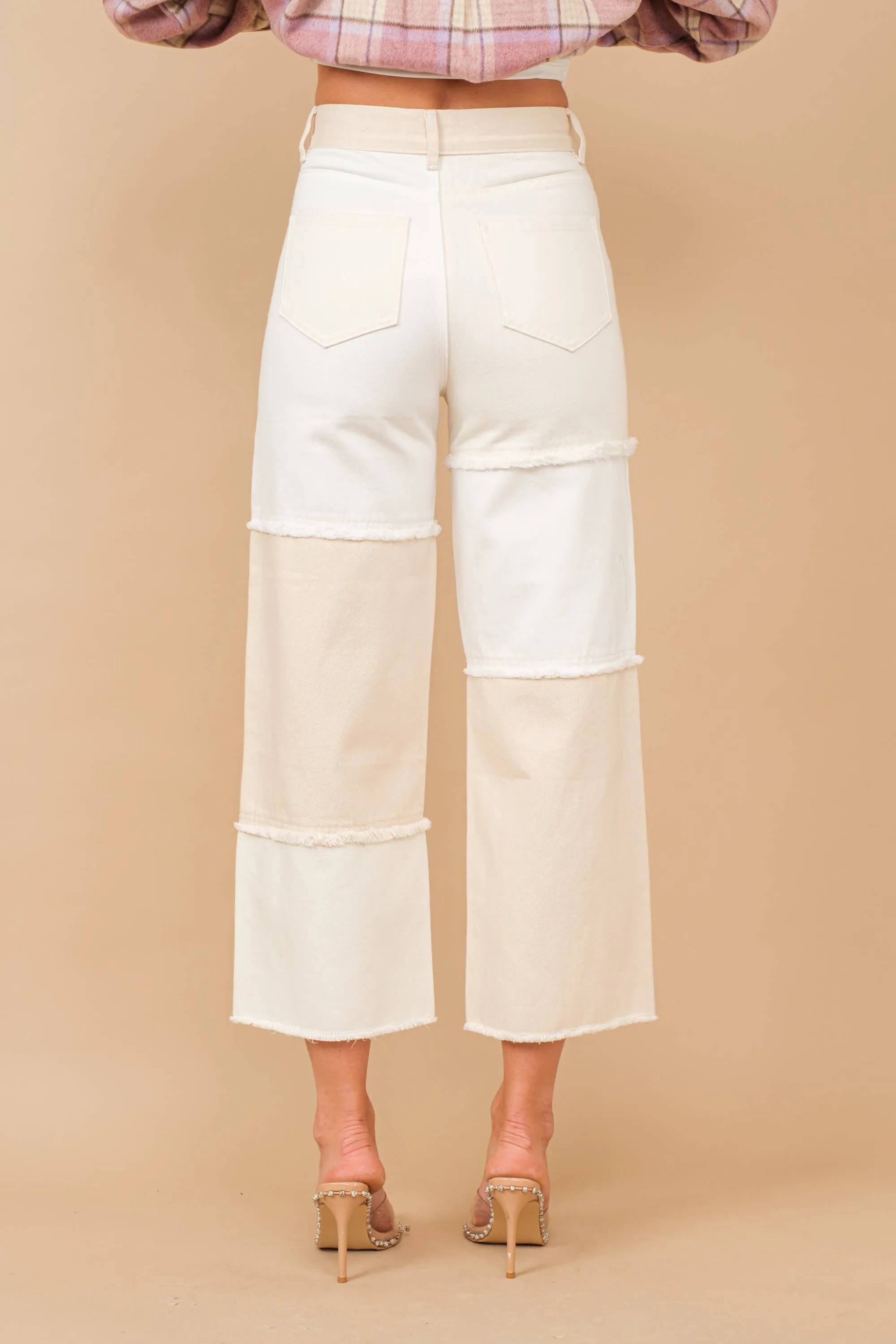 High Waisted Color Block Distressed Frill Twill Pants