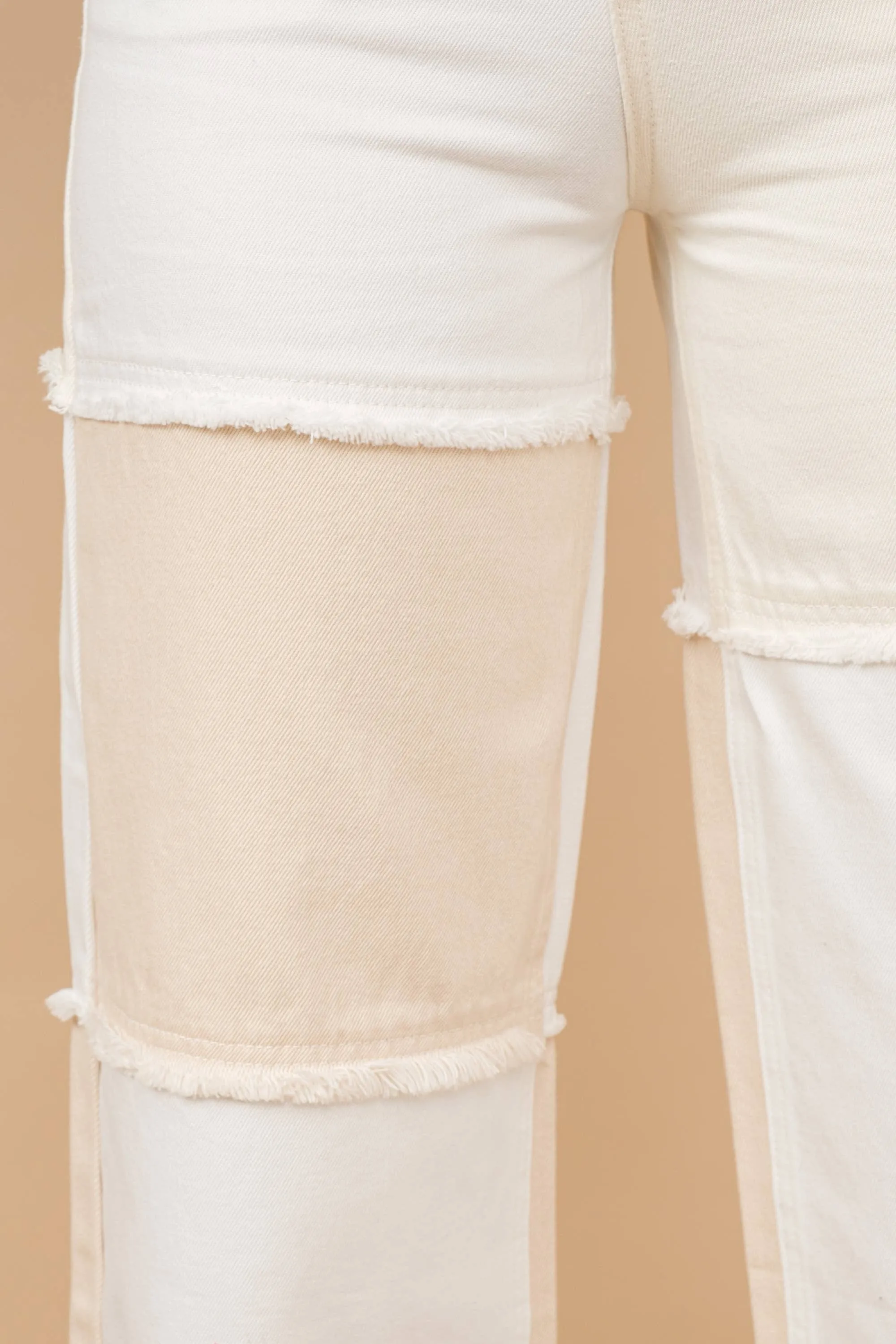 High Waisted Color Block Distressed Frill Twill Pants
