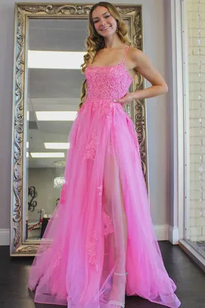 Hot Pink Tulle Split Long Prom Dresses, Evening Dress With Lace Appliques, MP650