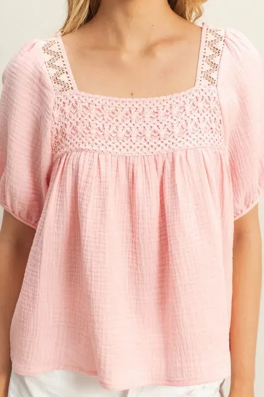 HYFVE Crochet Detail Puff Sleeve Peasant Top