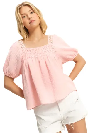 HYFVE Crochet Detail Puff Sleeve Peasant Top