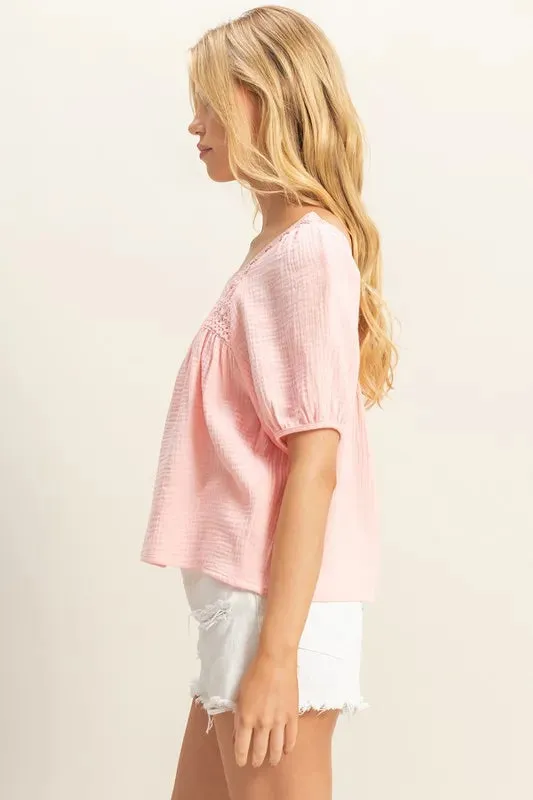 HYFVE Crochet Detail Puff Sleeve Peasant Top