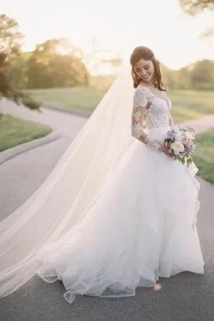 Illusion Neckline Tulle Wedding Dress with Lace Sleeves