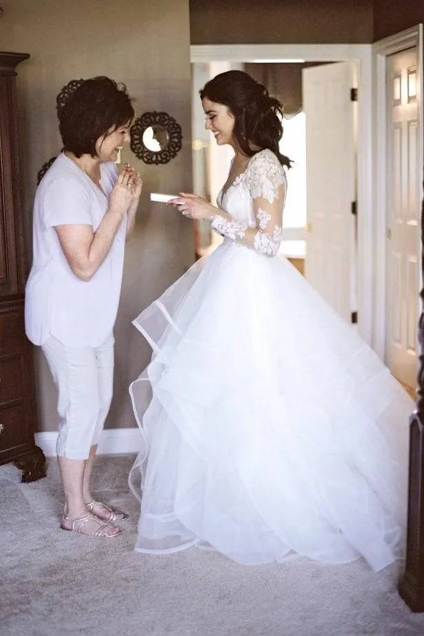 Illusion Neckline Tulle Wedding Dress with Lace Sleeves