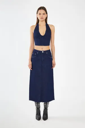 Indigo-Blue Front Split Denim Maxi-Skirt