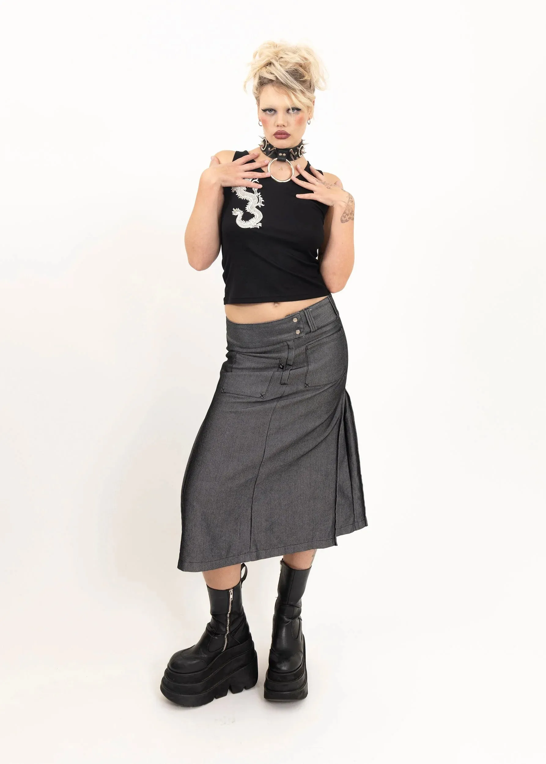 Iridescent silver denim midi skirt