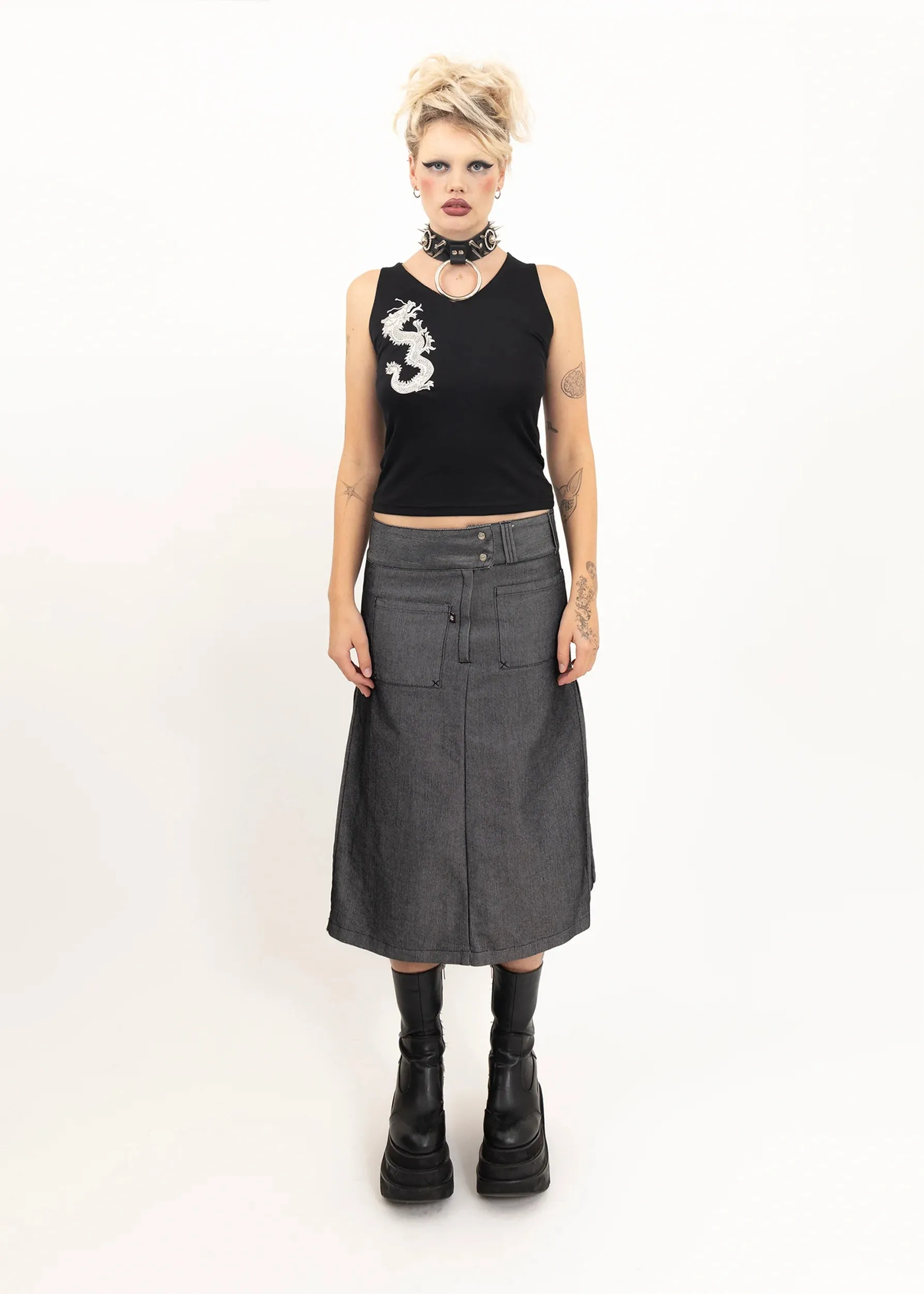 Iridescent silver denim midi skirt