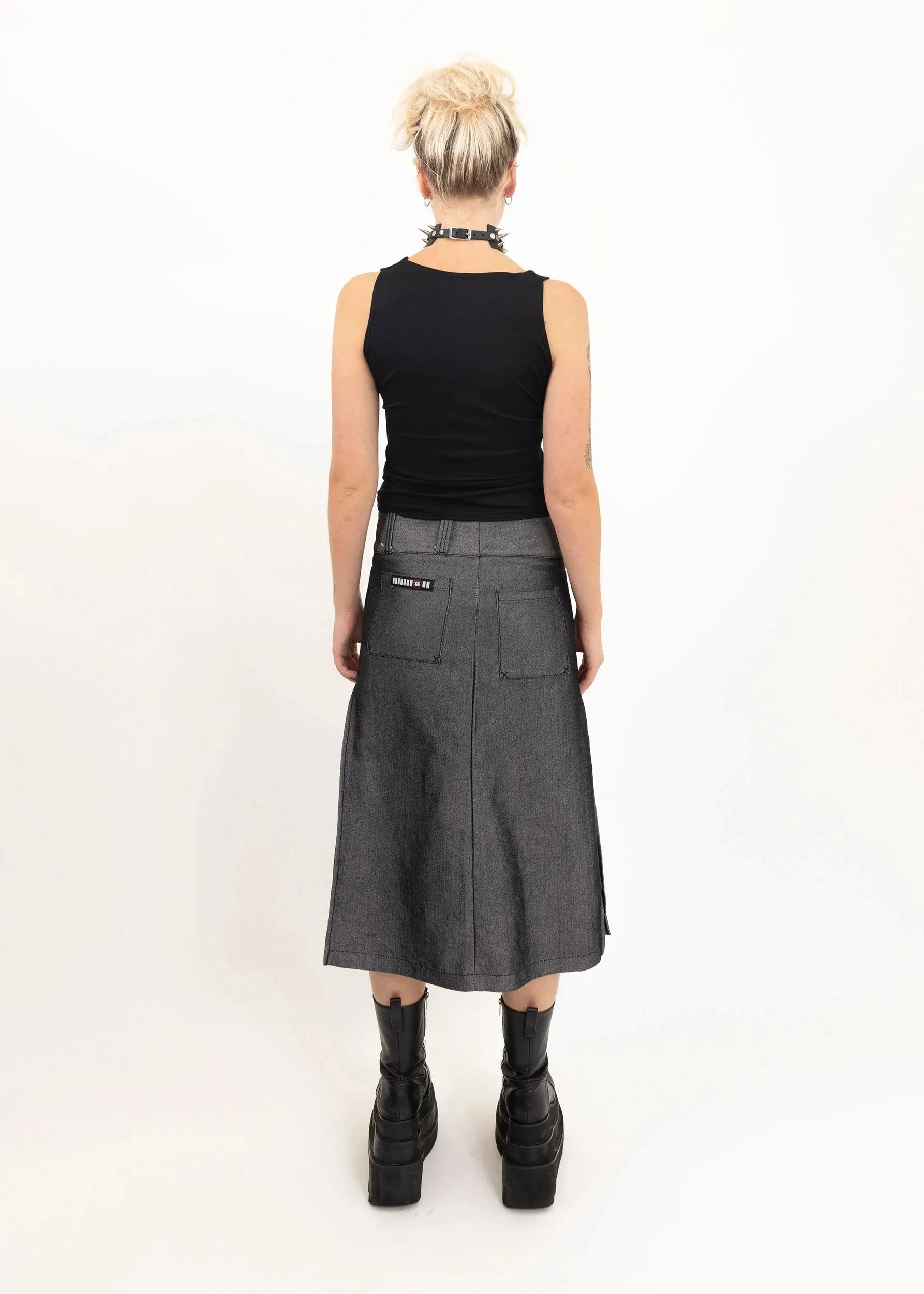 Iridescent silver denim midi skirt