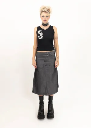 Iridescent silver denim midi skirt