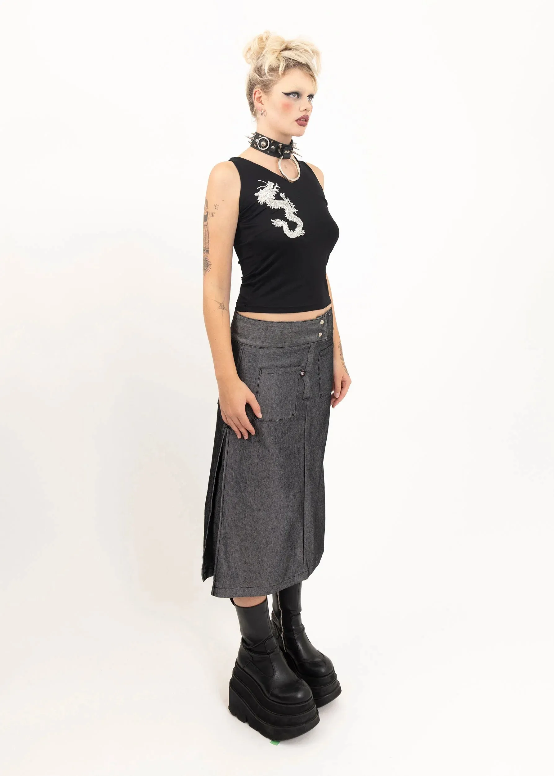 Iridescent silver denim midi skirt