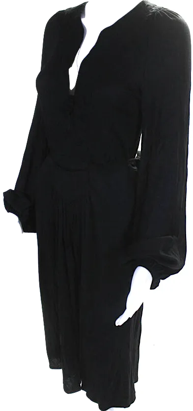 Isabel Marant Paris. Black Long Sleeve V Neck Jersey Tie Waist Midi Dress