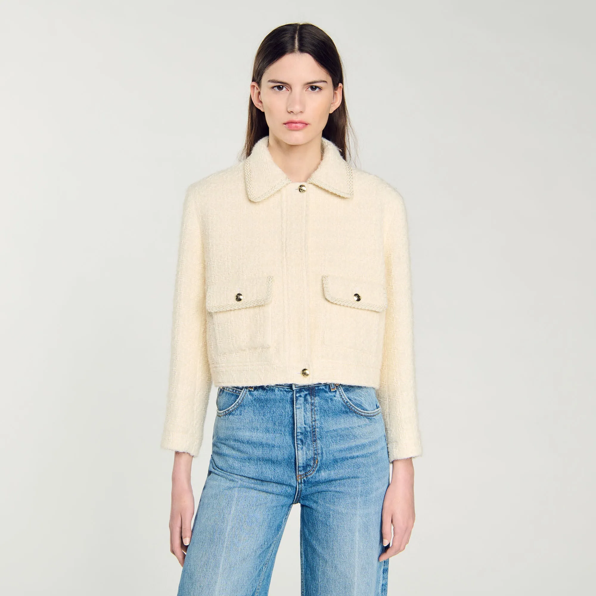 Isabela Cropped Tweed Jacket Ecru