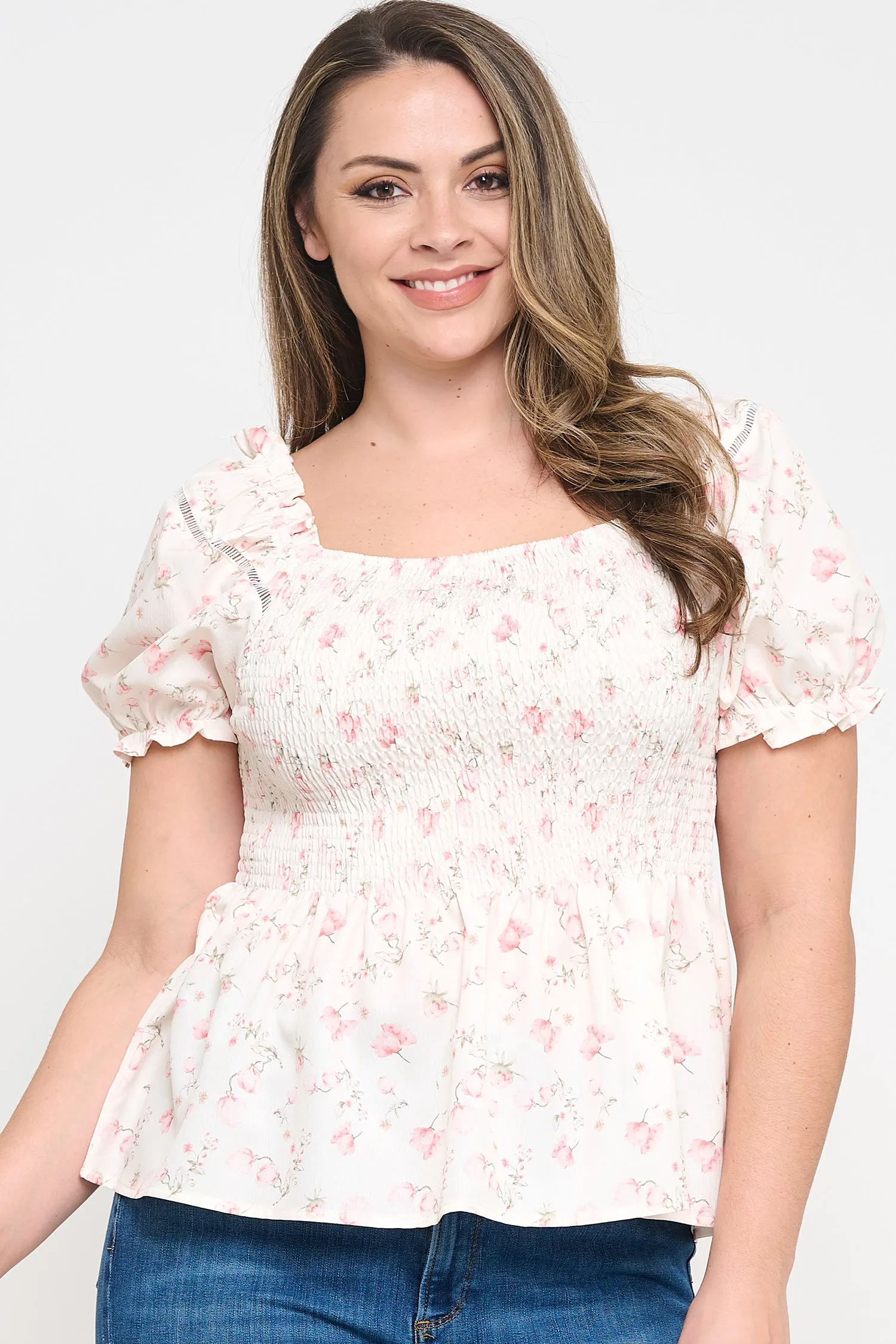 IT6228-PLUS | Tops | Junior Plus Short Sleeve Smocked Top
