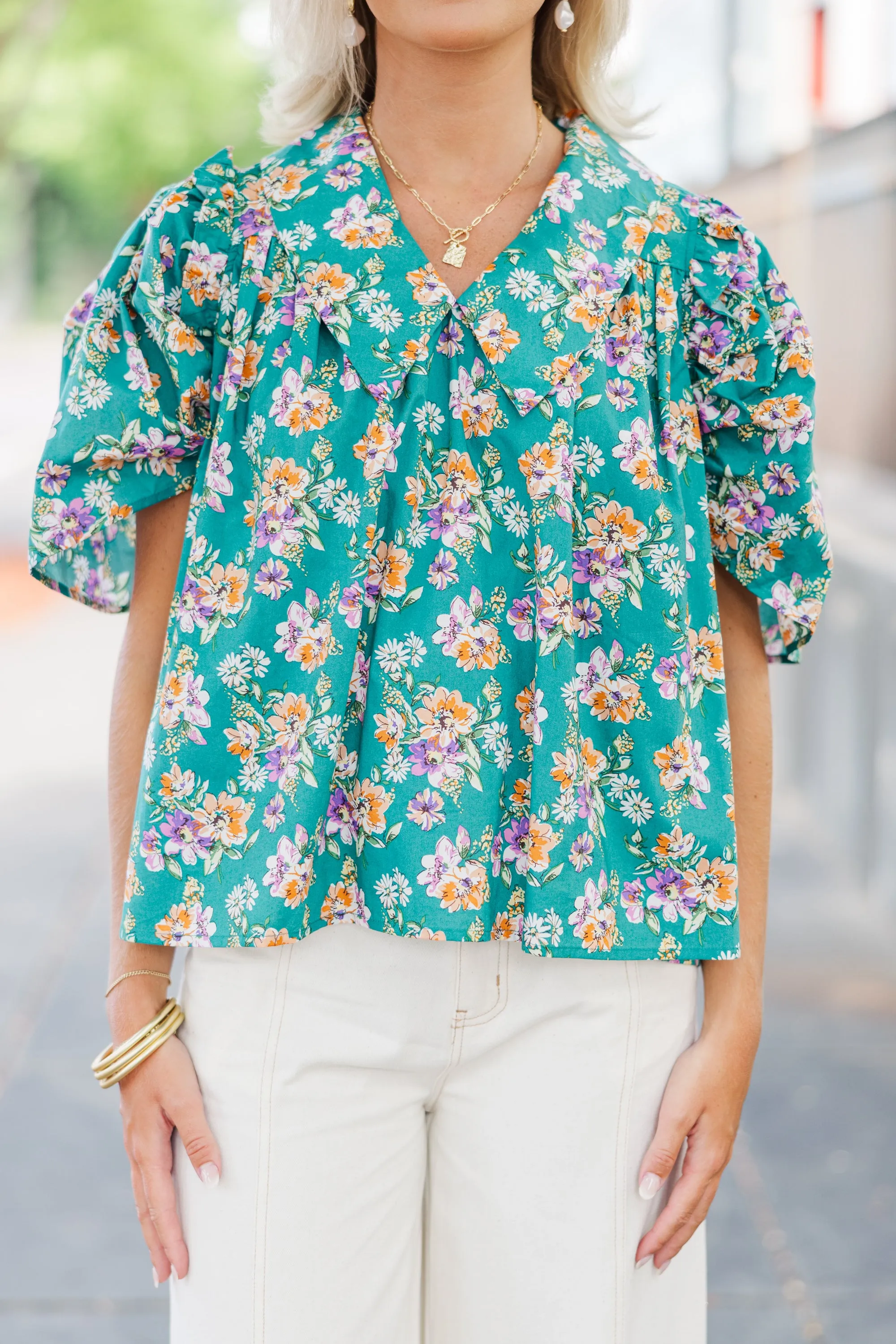 It's Your Day Juniper Green Floral Blouse