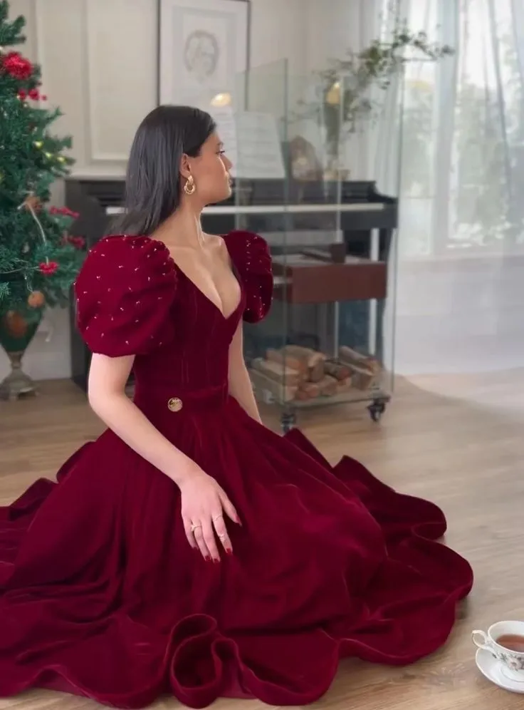 JazzHer A-Line V-Neck Velour Homecoming Dresses Puff Short Sleeves Beads Elegant Prom Dresses Party Dress (PRE-ORDER)