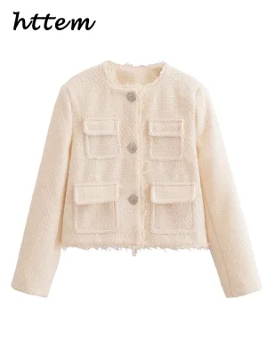 JazzHer Elegant Metal Button Short Tweed Jacket Women Loose O Neck Long Sleeve Multi Pockets Coat 2024 Autumn Lady Office Chic Outwear