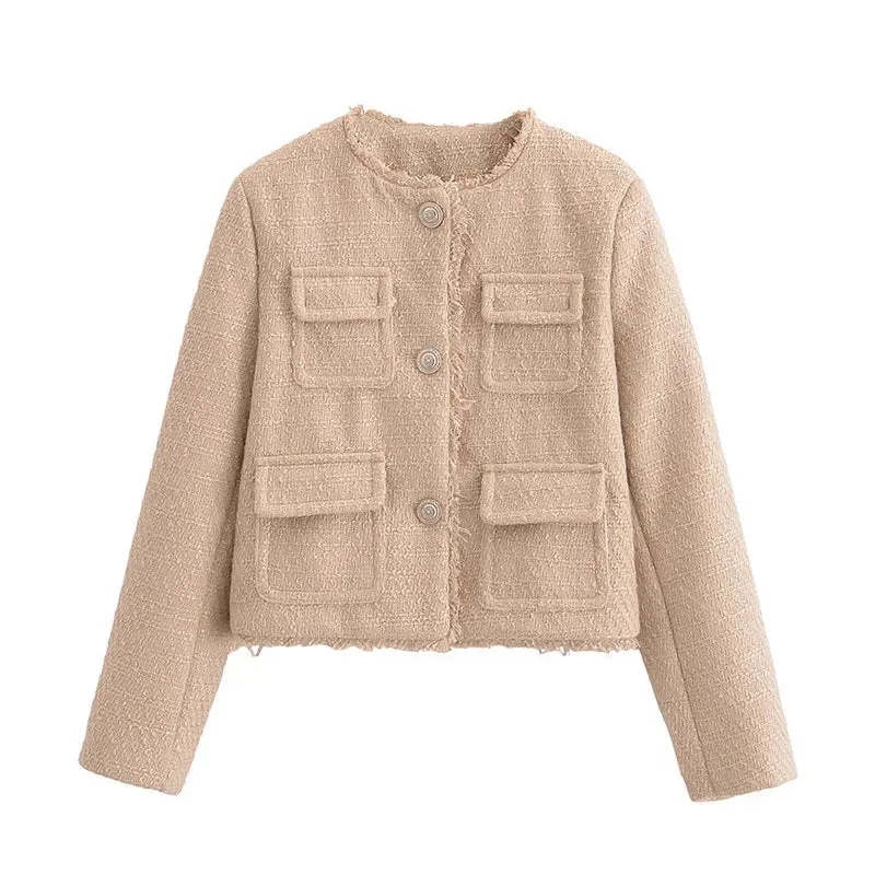 JazzHer Elegant Metal Button Short Tweed Jacket Women Loose O Neck Long Sleeve Multi Pockets Coat 2024 Autumn Lady Office Chic Outwear