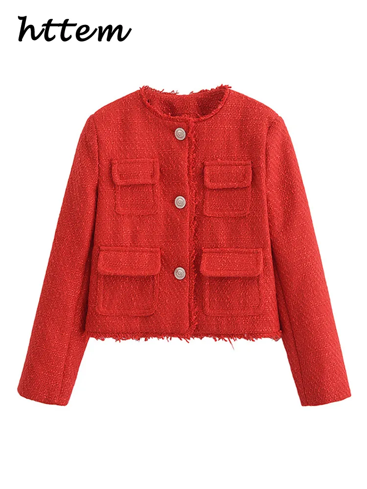 JazzHer Elegant Metal Button Short Tweed Jacket Women Loose O Neck Long Sleeve Multi Pockets Coat 2024 Autumn Lady Office Chic Outwear
