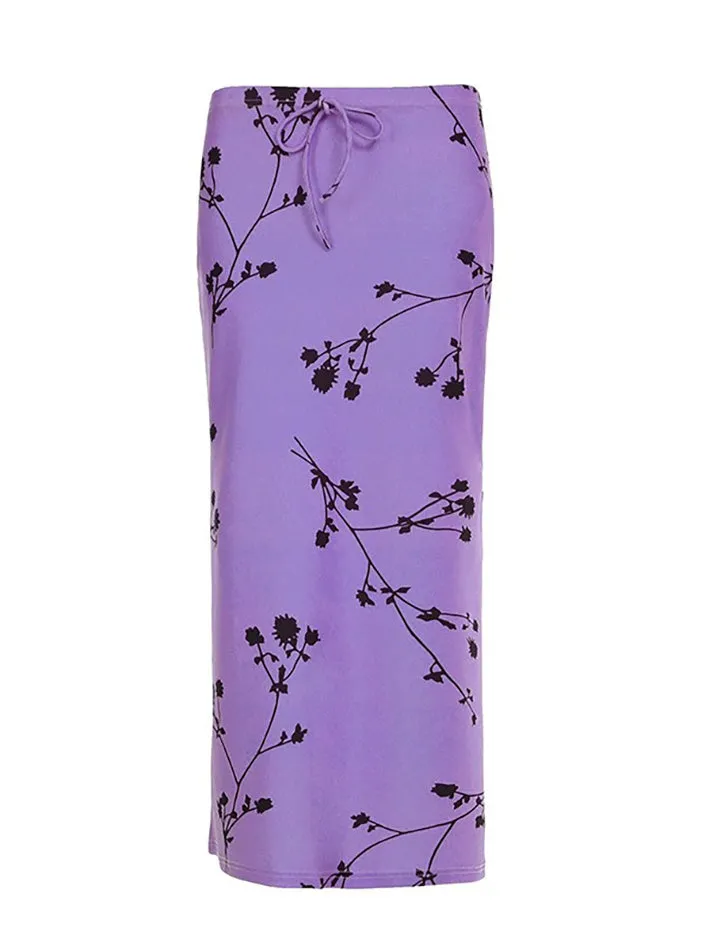JazzHer Floral Print Bow Tie Slit Midi Skirt