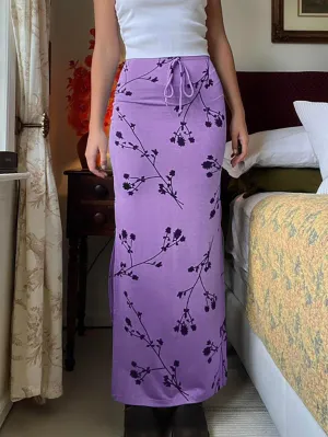 JazzHer Floral Print Bow Tie Slit Midi Skirt