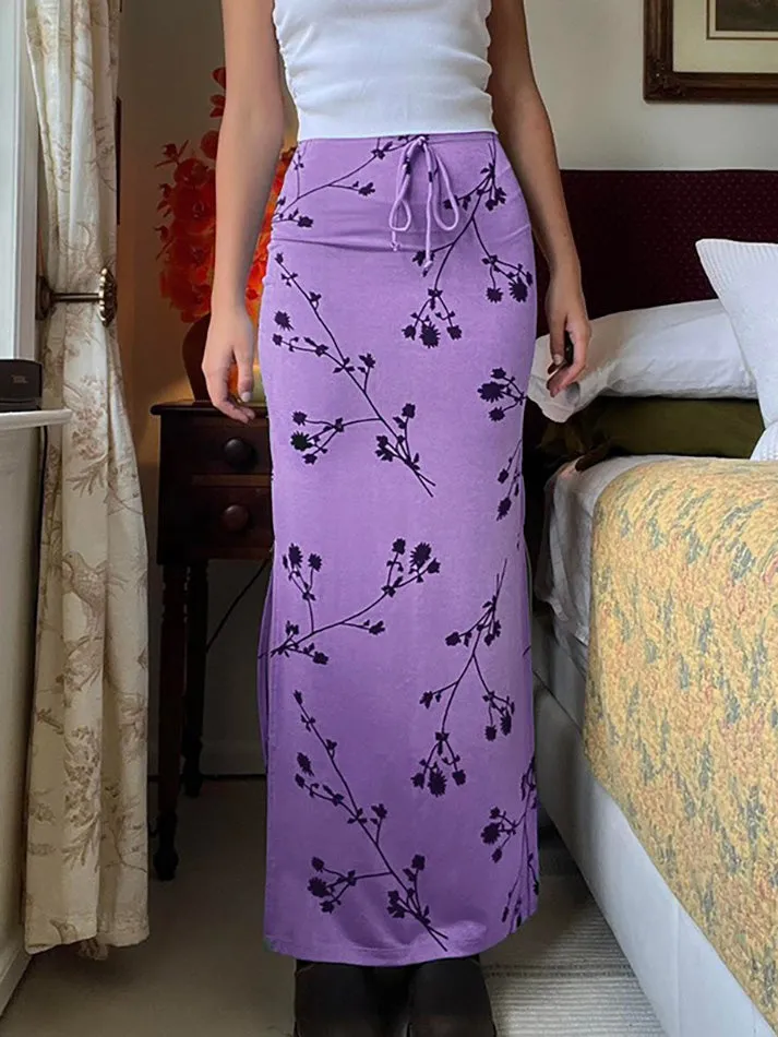 JazzHer Floral Print Bow Tie Slit Midi Skirt
