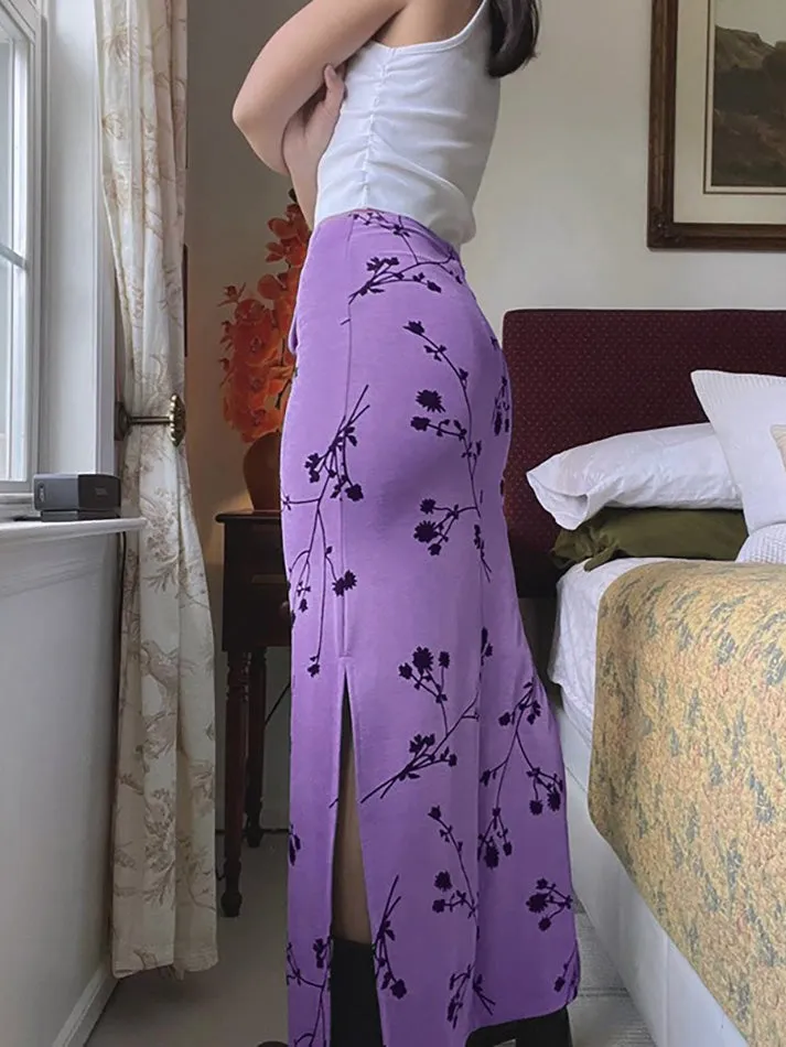 JazzHer Floral Print Bow Tie Slit Midi Skirt