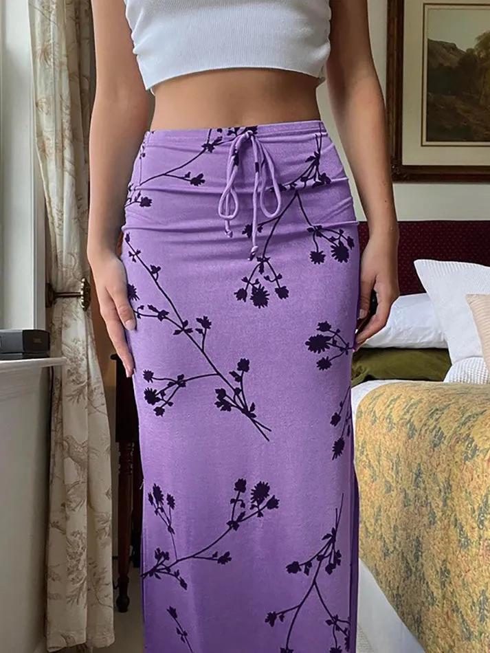 JazzHer Floral Print Bow Tie Slit Midi Skirt