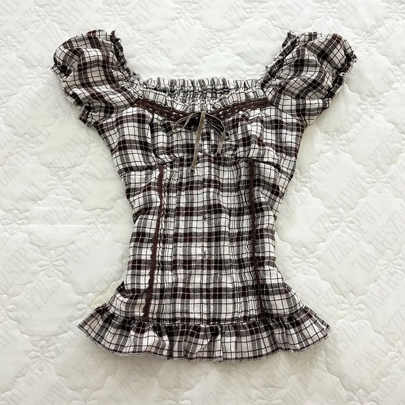 JazzHer Kawaii vintage Casual Plaid Pattern Women Crop Tops Streetwear Y2K Sweet Versatile Slim Harajuku Hip Hop Emo Girl Chic baby Tops