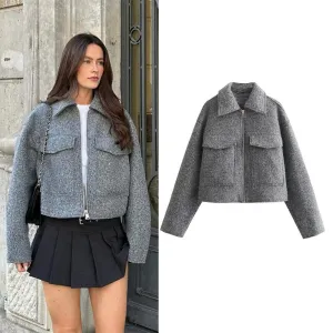 JazzHer Ladies Autumn Winter Cropped Jacket Women Short Bombers Coat Tweed Pockets Outerwear Zip Crop Tops Jacket Woman Coat Female