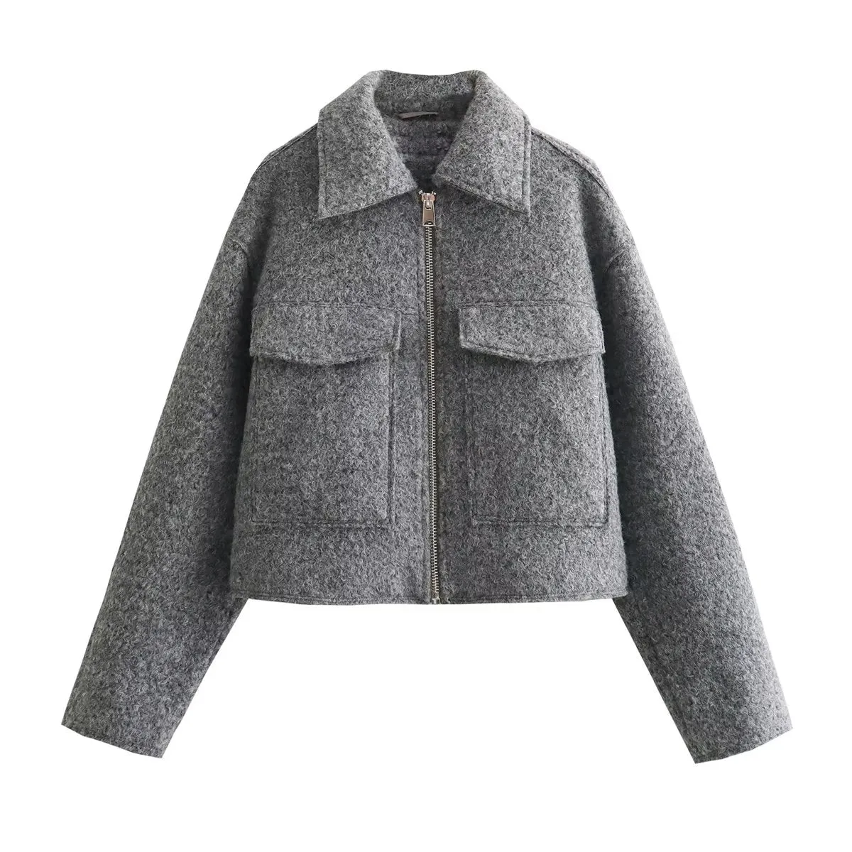 JazzHer Ladies Autumn Winter Cropped Jacket Women Short Bombers Coat Tweed Pockets Outerwear Zip Crop Tops Jacket Woman Coat Female