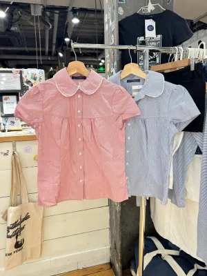 JazzHer Pink Striped Peter pan Collar Blouse Women New Casual Preppy Style Button Short Sleeve Tees Sweet Vintage Cute T-shirts Y2K Tops