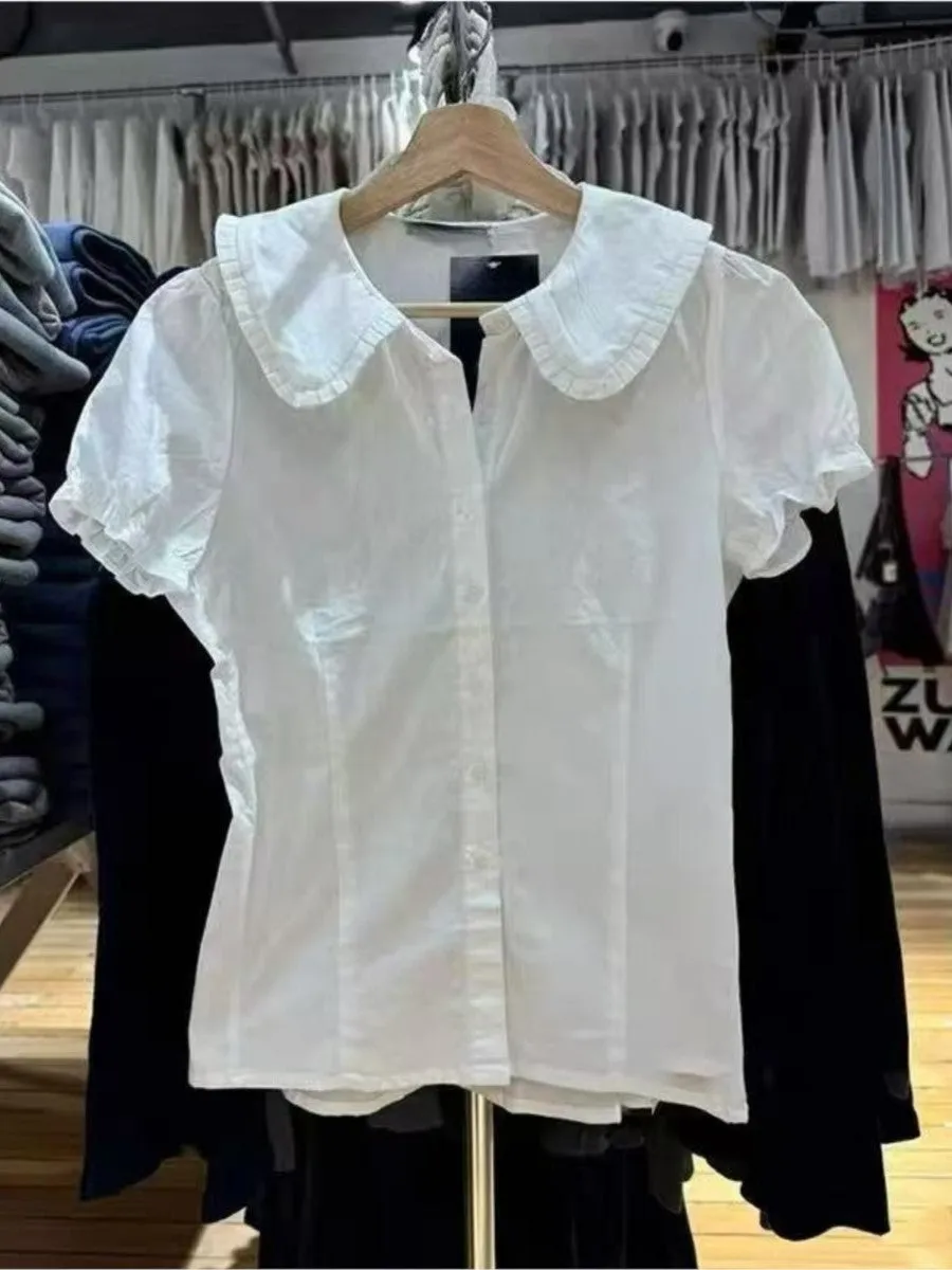 JazzHer Pink Striped Peter pan Collar Blouse Women New Casual Preppy Style Button Short Sleeve Tees Sweet Vintage Cute T-shirts Y2K Tops