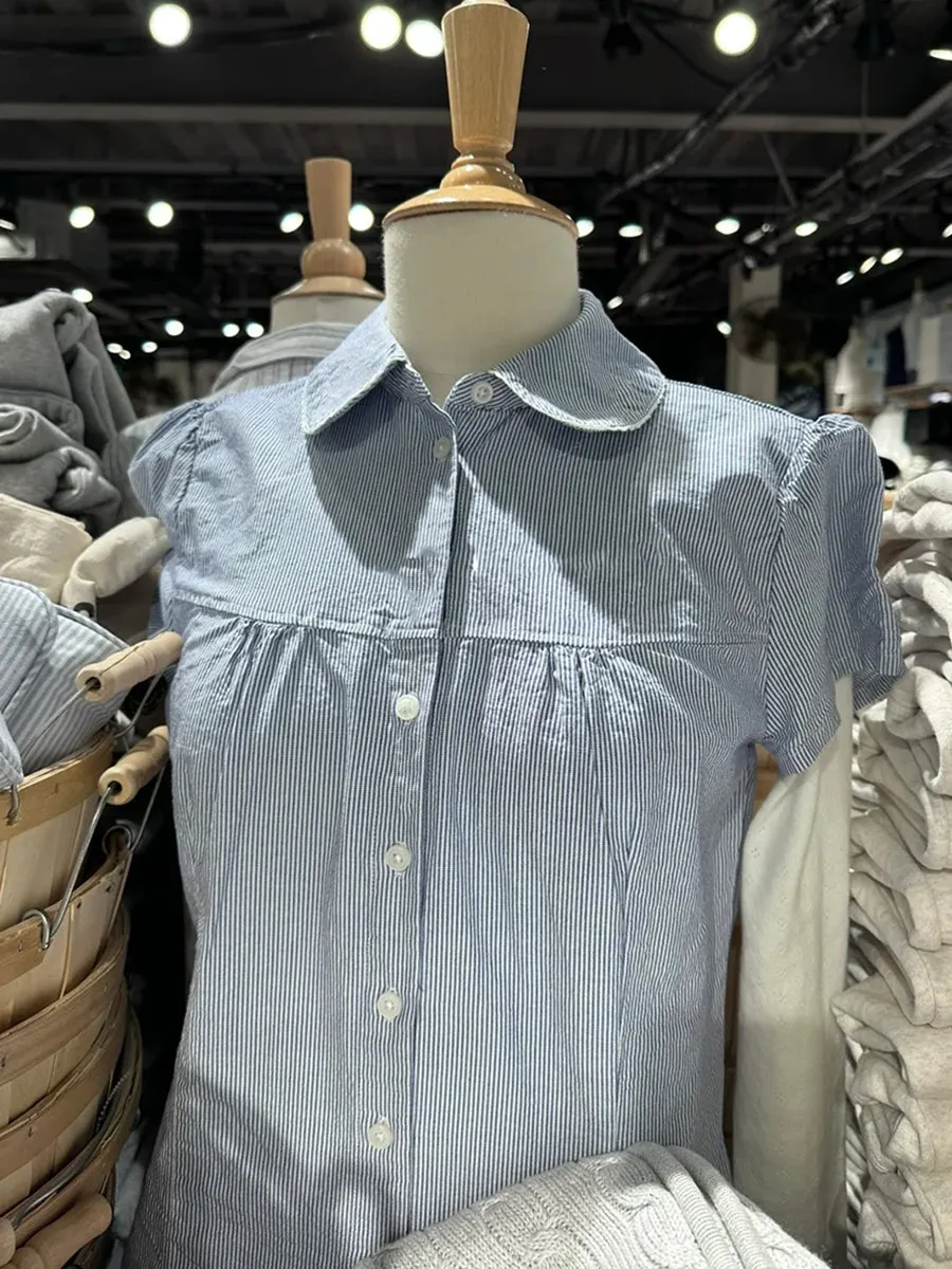 JazzHer Pink Striped Peter pan Collar Blouse Women New Casual Preppy Style Button Short Sleeve Tees Sweet Vintage Cute T-shirts Y2K Tops
