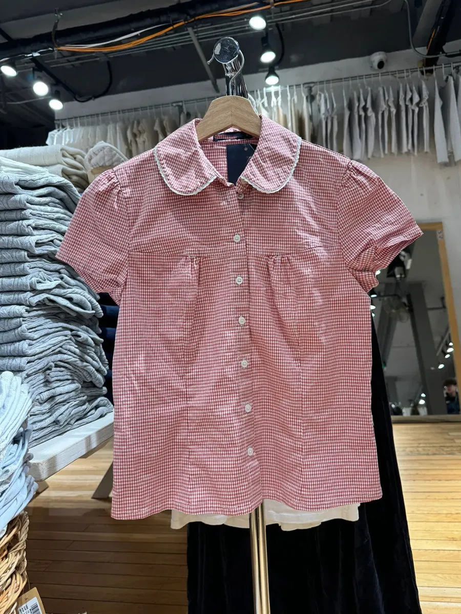 JazzHer Pink Striped Peter pan Collar Blouse Women New Casual Preppy Style Button Short Sleeve Tees Sweet Vintage Cute T-shirts Y2K Tops