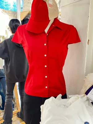 JazzHer Red Buttons Blouse Women Summer New Casual Streetwear Lapel Short Sleeve Tees Sweet Vintage Cute Preppy Style T-shirts Y2K Tops