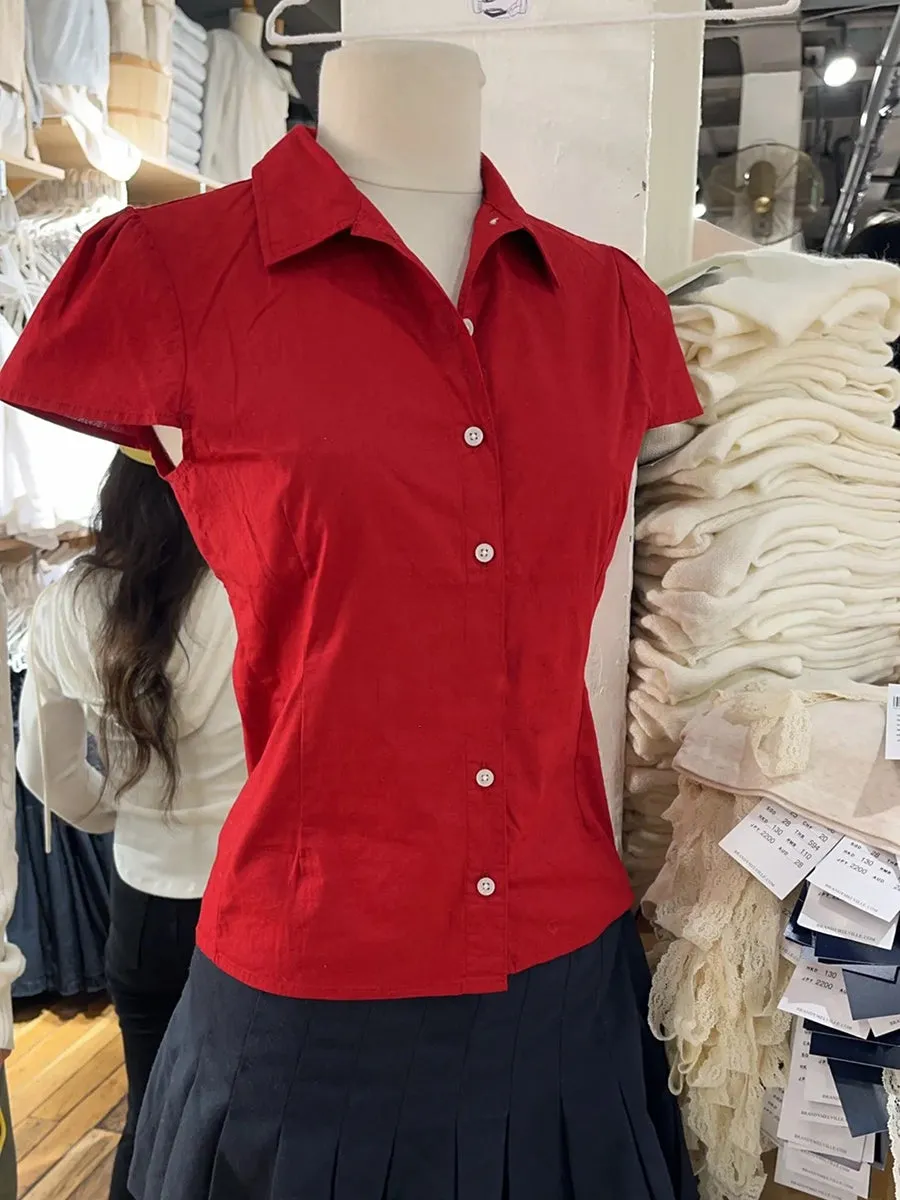 JazzHer Red Buttons Blouse Women Summer New Casual Streetwear Lapel Short Sleeve Tees Sweet Vintage Cute Preppy Style T-shirts Y2K Tops