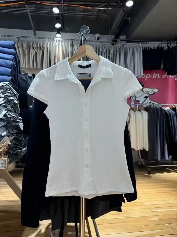 JazzHer Red Buttons Blouse Women Summer New Casual Streetwear Lapel Short Sleeve Tees Sweet Vintage Cute Preppy Style T-shirts Y2K Tops