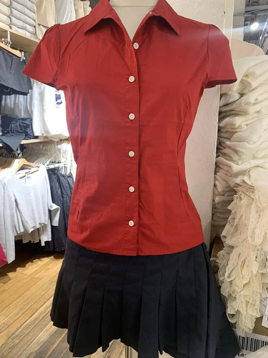 JazzHer Red Buttons Blouse Women Summer New Casual Streetwear Lapel Short Sleeve Tees Sweet Vintage Cute Preppy Style T-shirts Y2K Tops