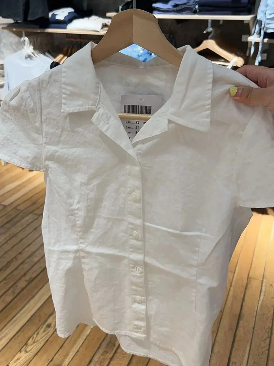 JazzHer Red Buttons Blouse Women Summer New Casual Streetwear Lapel Short Sleeve Tees Sweet Vintage Cute Preppy Style T-shirts Y2K Tops
