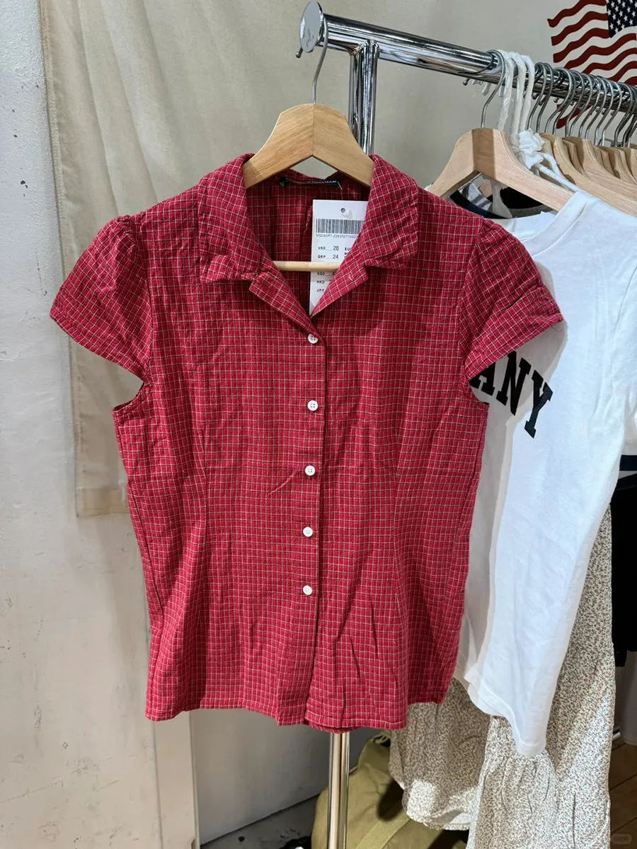 JazzHer Red Buttons Blouse Women Summer New Casual Streetwear Lapel Short Sleeve Tees Sweet Vintage Cute Preppy Style T-shirts Y2K Tops