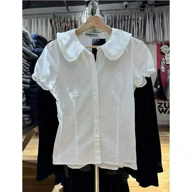 JazzHer Red Buttons Blouse Women Summer New Casual Streetwear Lapel Short Sleeve Tees Sweet Vintage Cute Preppy Style T-shirts Y2K Tops