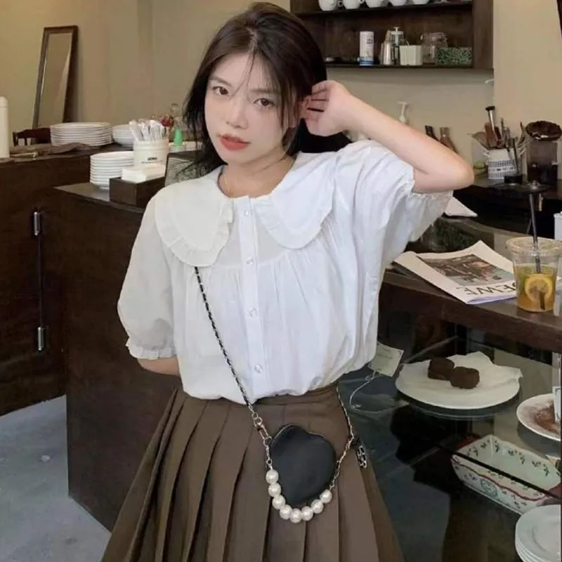 JazzHer Shirt Women Summer Peter Pan Collar Ruffles Loose Preppy Style Japanese Tops Sweet Kawaii All Match Short Sleeve Blouse Female