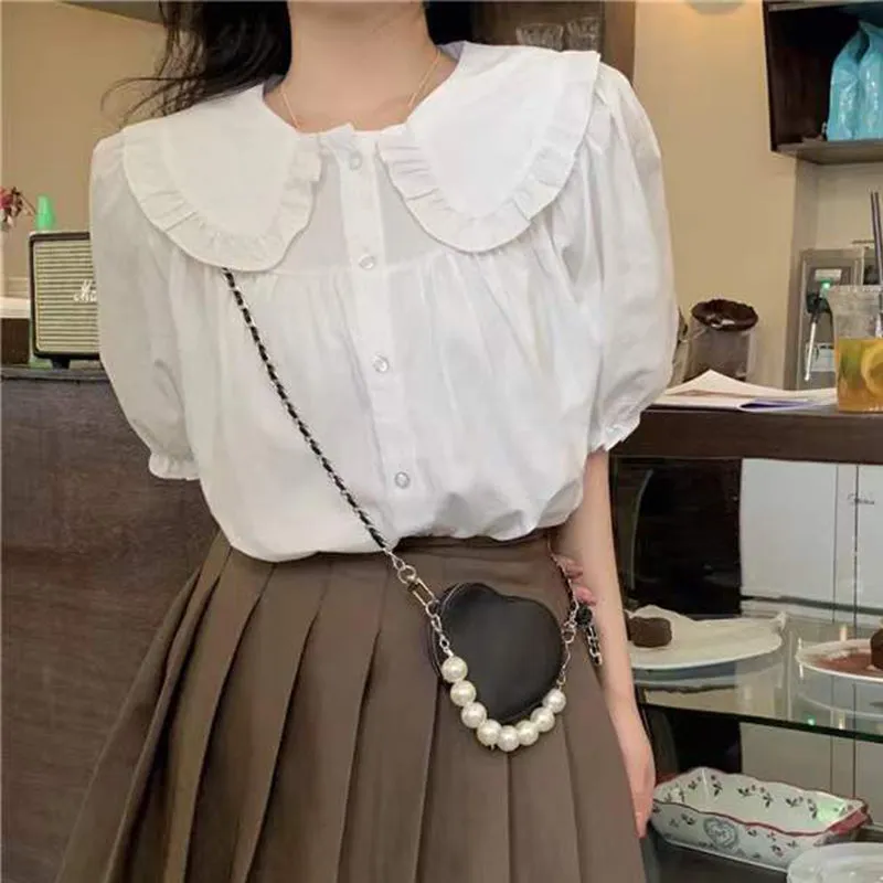 JazzHer Shirt Women Summer Peter Pan Collar Ruffles Loose Preppy Style Japanese Tops Sweet Kawaii All Match Short Sleeve Blouse Female