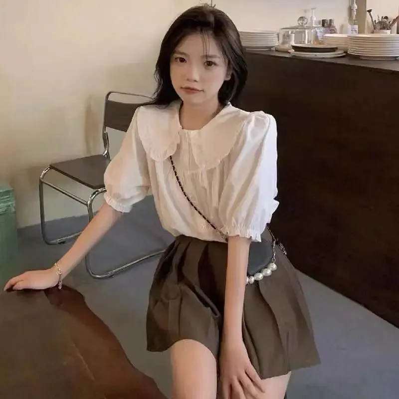 JazzHer Shirt Women Summer Peter Pan Collar Ruffles Loose Preppy Style Japanese Tops Sweet Kawaii All Match Short Sleeve Blouse Female