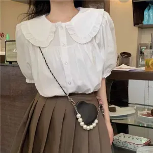 JazzHer Shirt Women Summer Peter Pan Collar Ruffles Loose Preppy Style Japanese Tops Sweet Kawaii All Match Short Sleeve Blouse Female