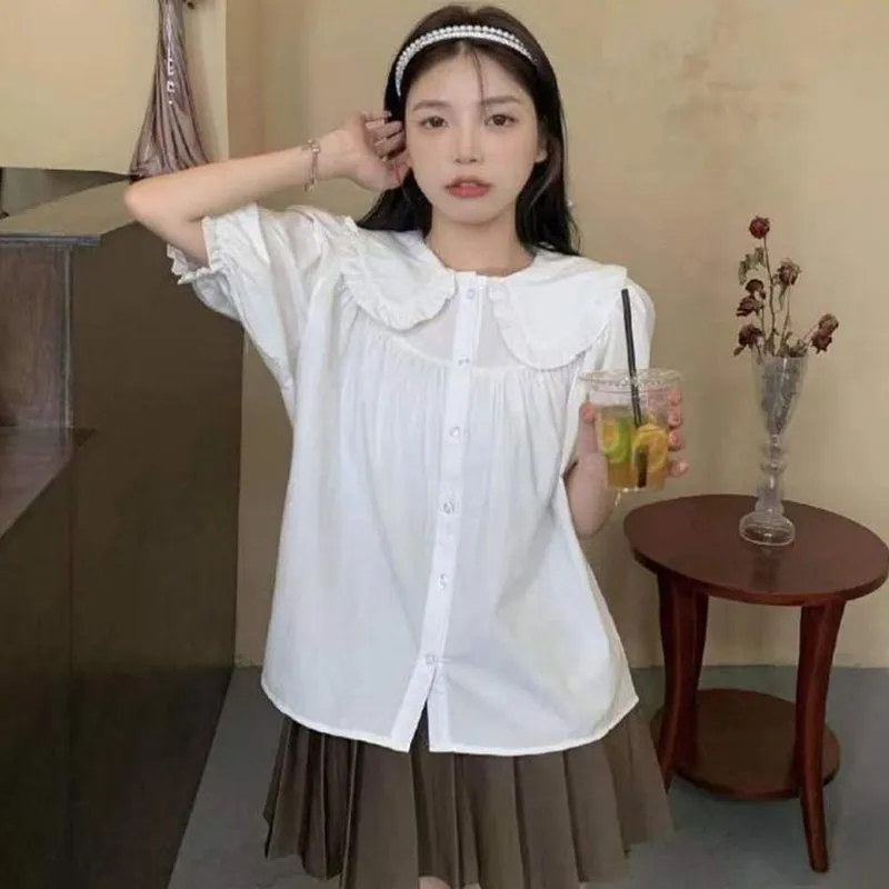 JazzHer Shirt Women Summer Peter Pan Collar Ruffles Loose Preppy Style Japanese Tops Sweet Kawaii All Match Short Sleeve Blouse Female